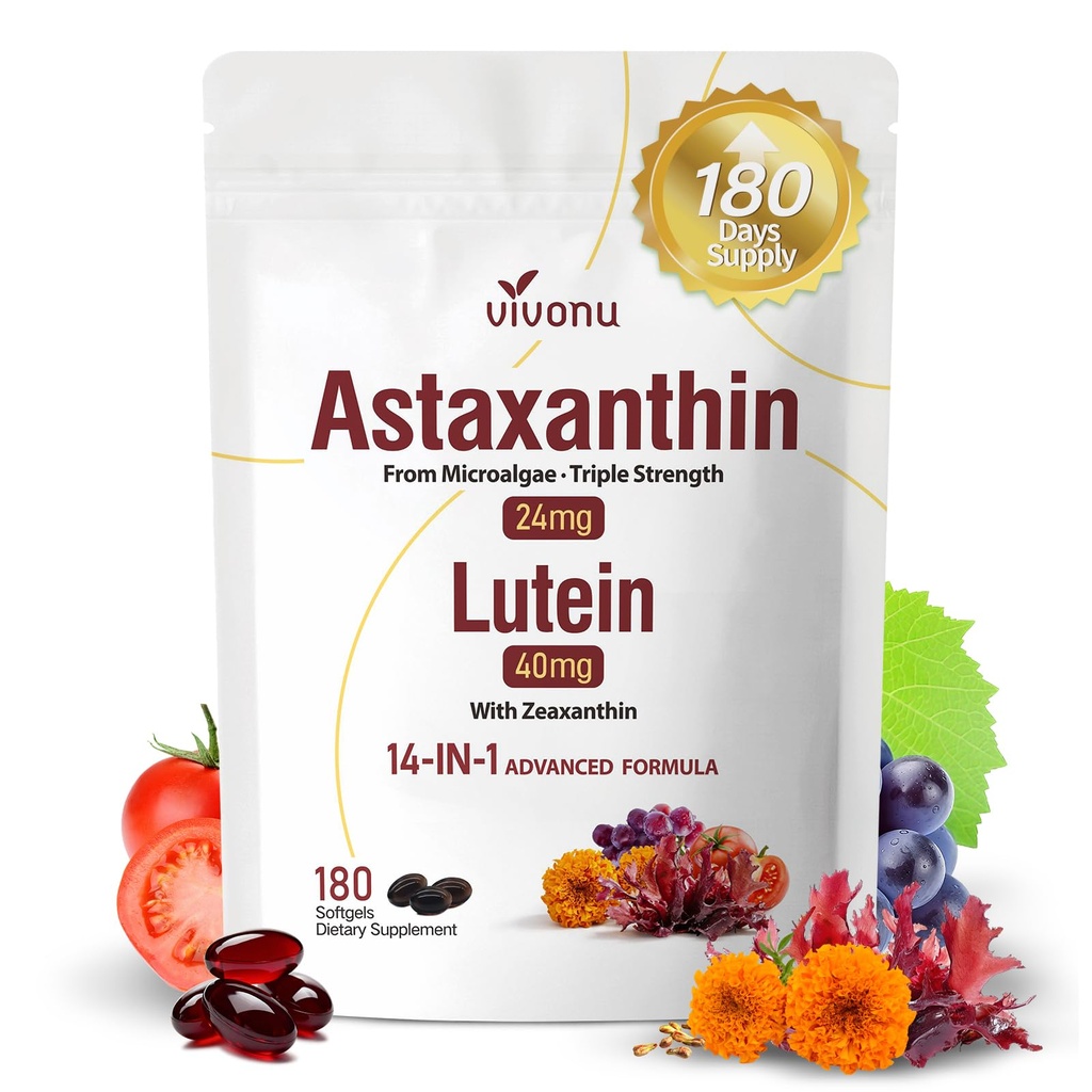 VivoNu 14-in-1 Astaxantín 24 mg & Lutein 40 mg s Zeaxantin Supplements, 6 Month Supply, Fresh Microriries Source, Gluten Free Non-GMO, Supports Eye, Skin, Antioxidant, 180 Softgels, 1 Bag