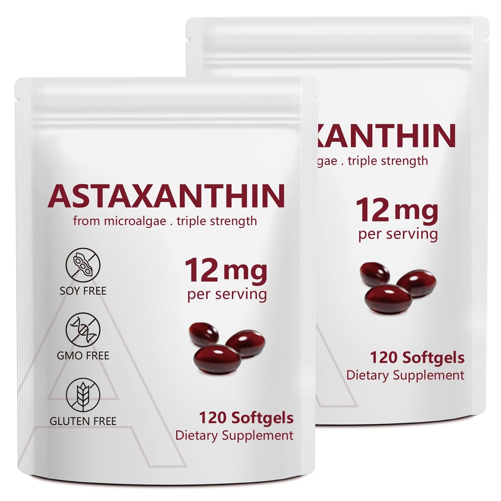2 balenia Astaxantín 12 mg, Premium Astaxantin Antioxidant Doplnky s antioxidačným účinkom, podporuje oči, imunitné, kožné zdravie, vnútorné cirkulácie