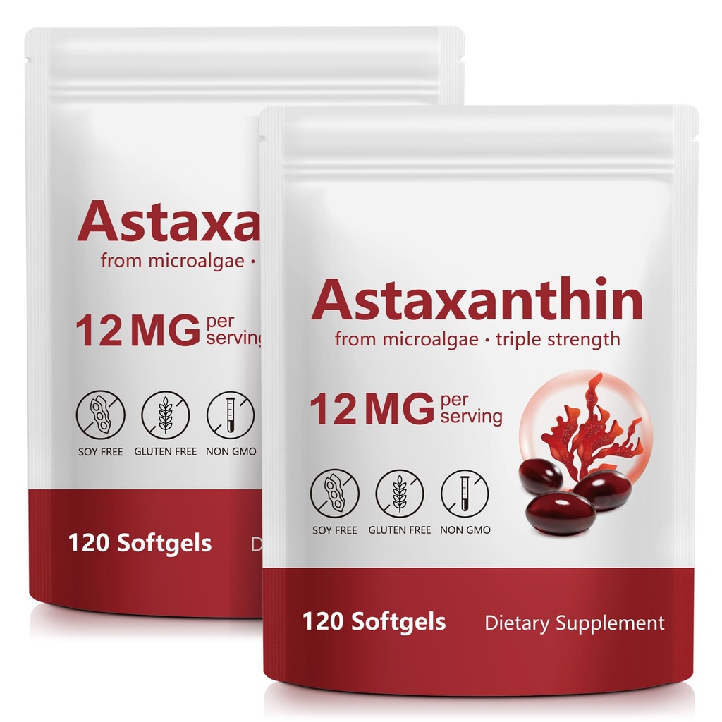 IDSDAWN Astaxantín 12mg 2 Balenie, Antioxidant Supplement for Eye, Skin Support, Natural Microrias Source, 240 Softgels