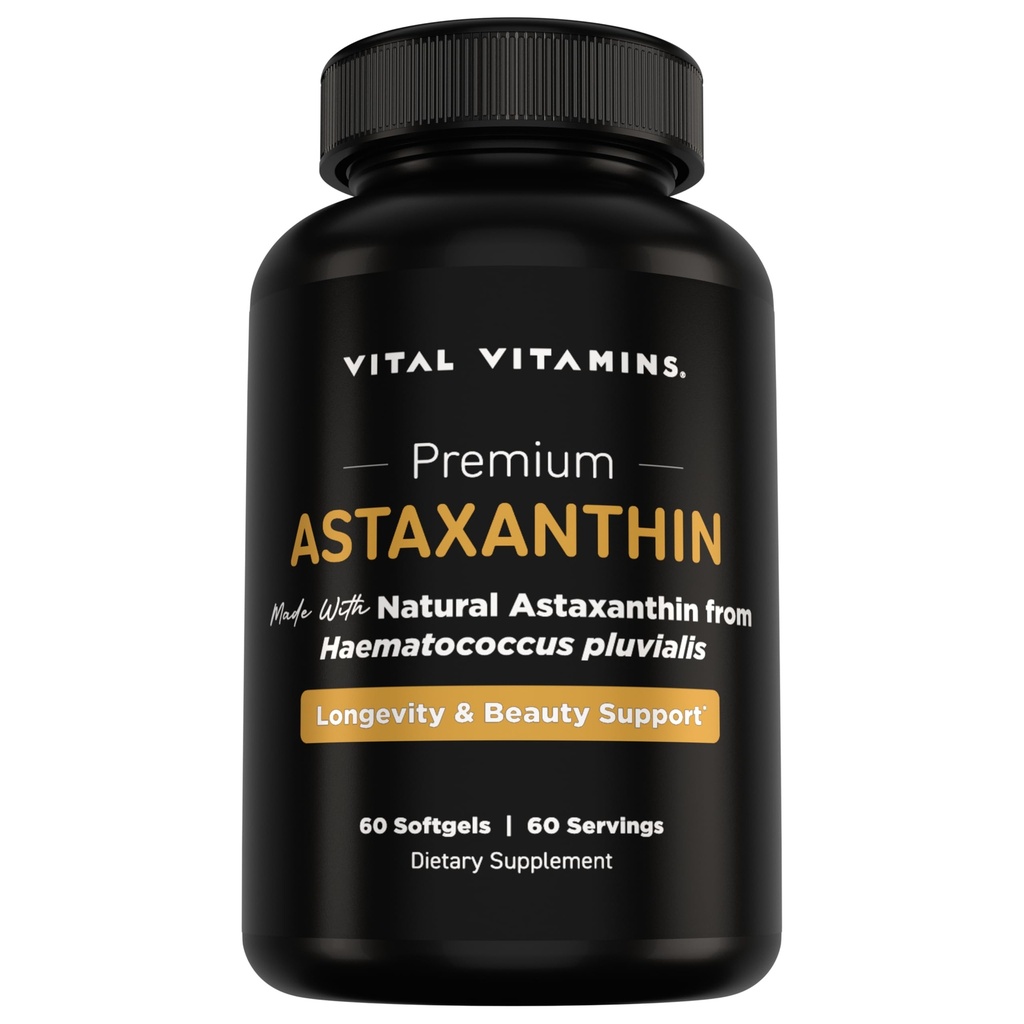 Vital Vitamíny Astaxantín 12mg Softgels - Vyrobené s prírodným astaxantínom - Doplnok k podpore hydratácie kože, elasticita - Obhajuje bunky proti každodennému poškodeniu - Vegan, Made in the USA - 60 Soft Gels