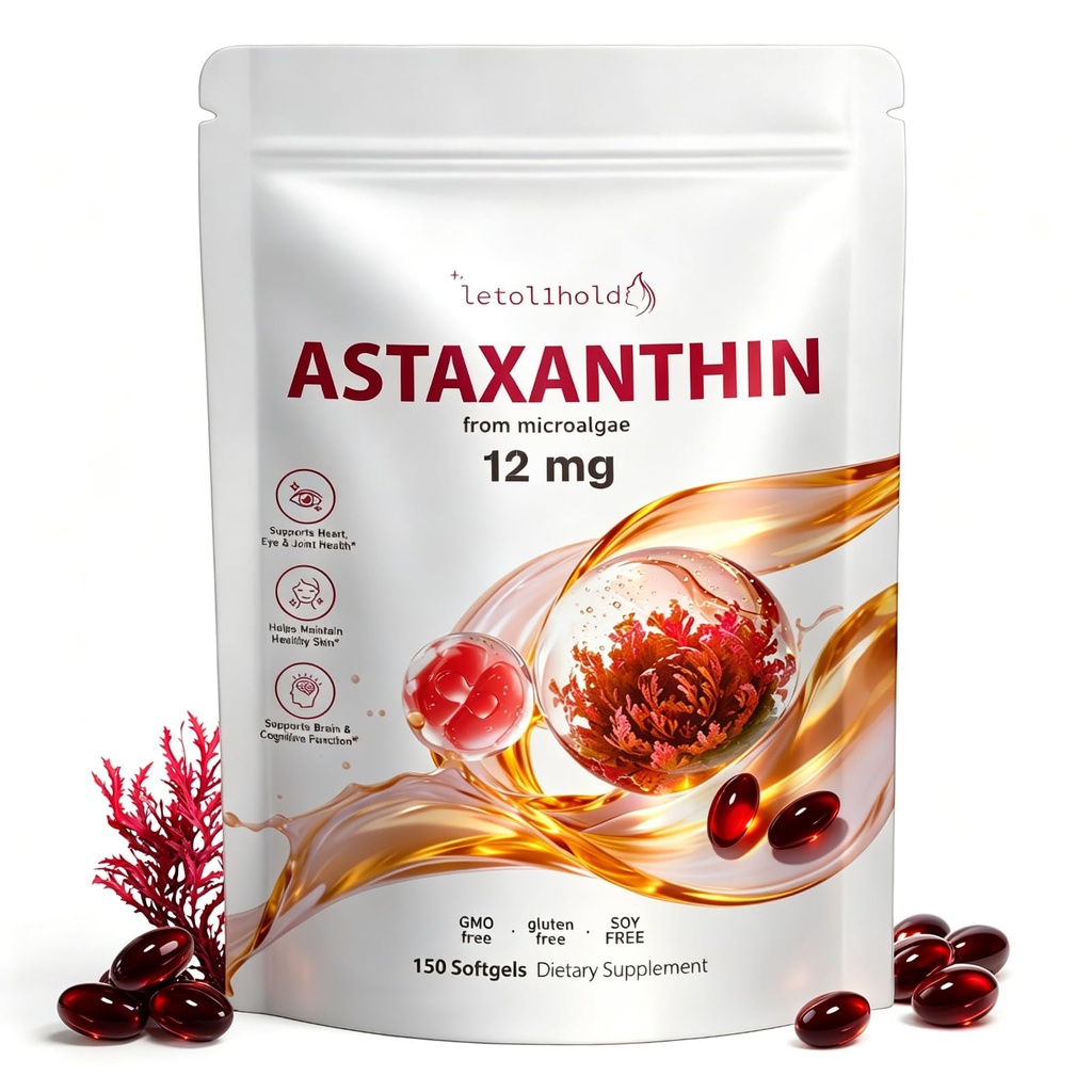 Astaxantín 12mg, 150 Softgels - 5Mesiac Zásobovanie, Astaxantín Doplnky Zdroj z čerstvých mikrorias, Non-GMO, Gluten Free, Easy to Swallow