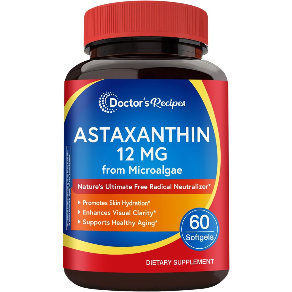Lekár recepty Astaxantín 12 mg, z Fresh Premium Microrias, Max Strength, No Gluten, Non-GMO, Podpora kože, oka, kosti a imunitného systému zdravie, 60 Softgels