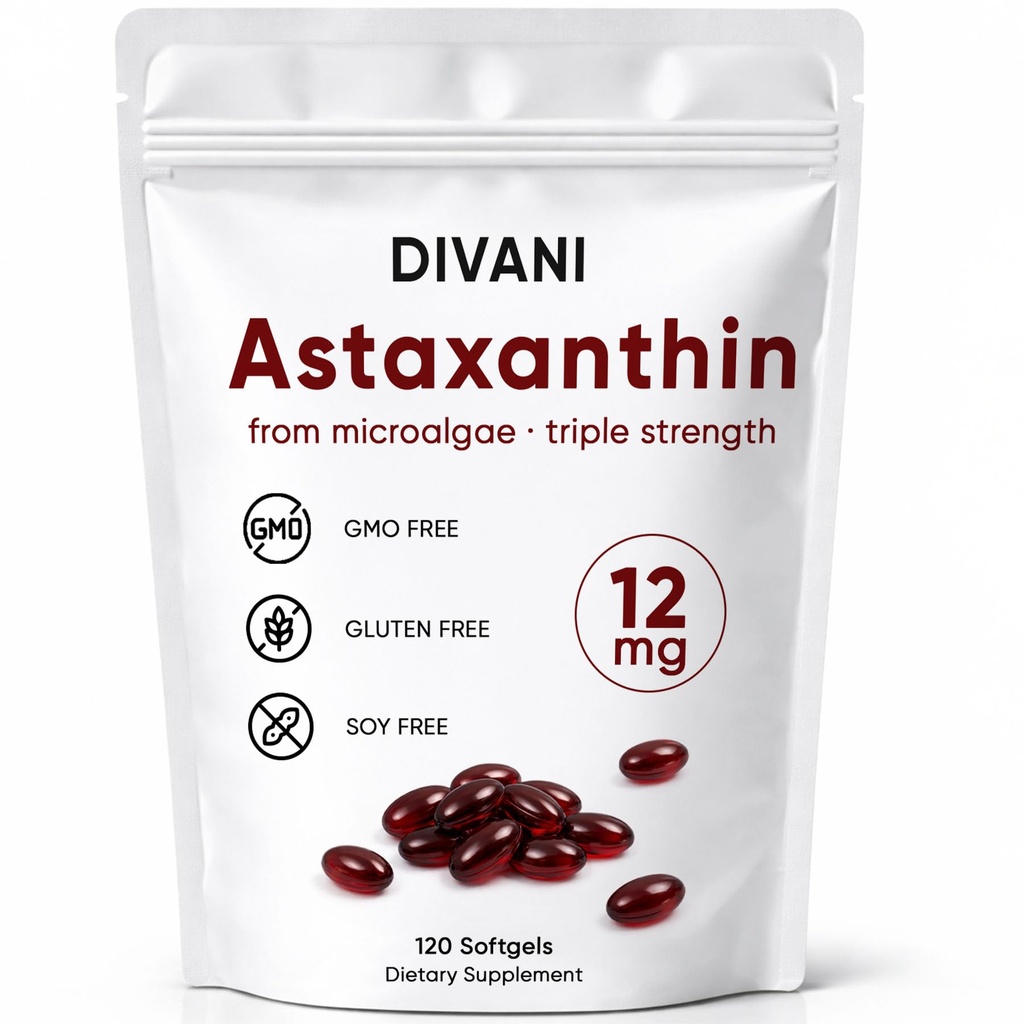 DIVANI Astaxantín 12 mg, Antioxidant Supplement for Daily Wellness, Immune, Eye & Skin Support, non-GMO, Gluten Free - 120 Softgels