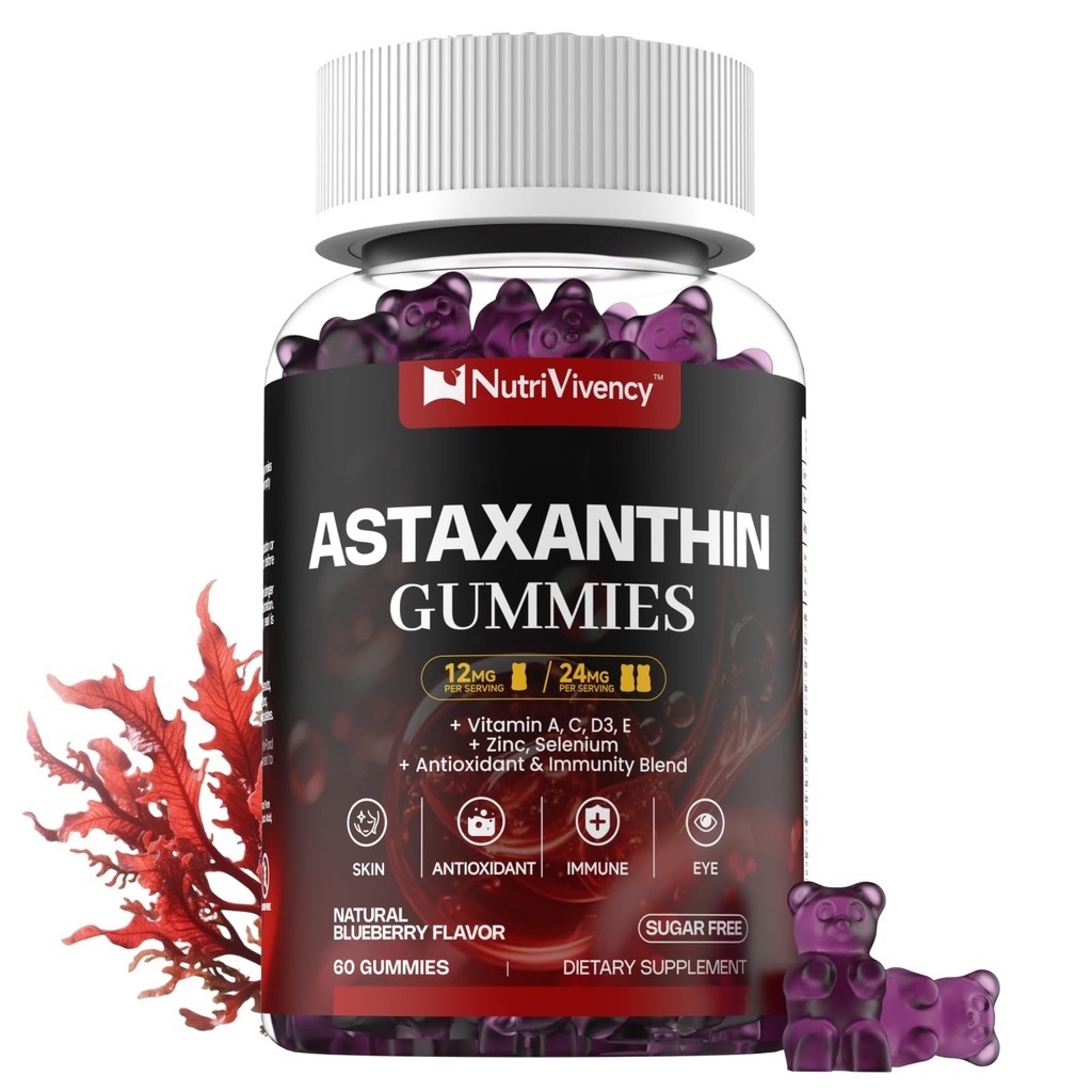 Astaxantín Gummies, 12mg Per Gummy 24mg Max, Astaxantin Supplements with Vitamin A/C/D/E, Resveratrol, 14-IN-1 Antioxidanty Zmes pre ženy Muži, koža, oči, Immune Support, Free Sugar, Vegan, 60 Ct