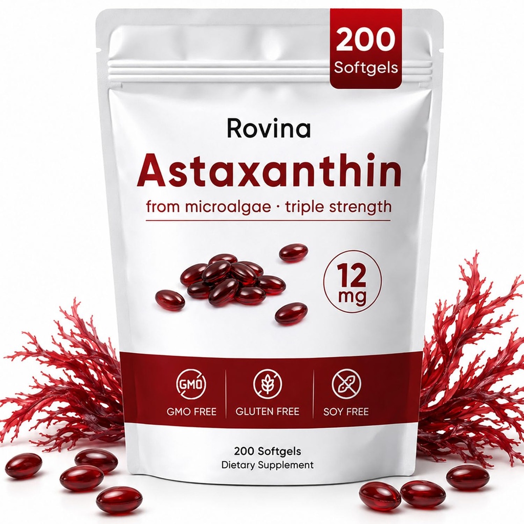 ROVINA Astaxantín 12mg Softgels, Antioxidant Supplement podporuje oči, kožu, Immune, kĺb, vnútorné cirkulácie, non-GMO & Gluten Free - 200 Softgels