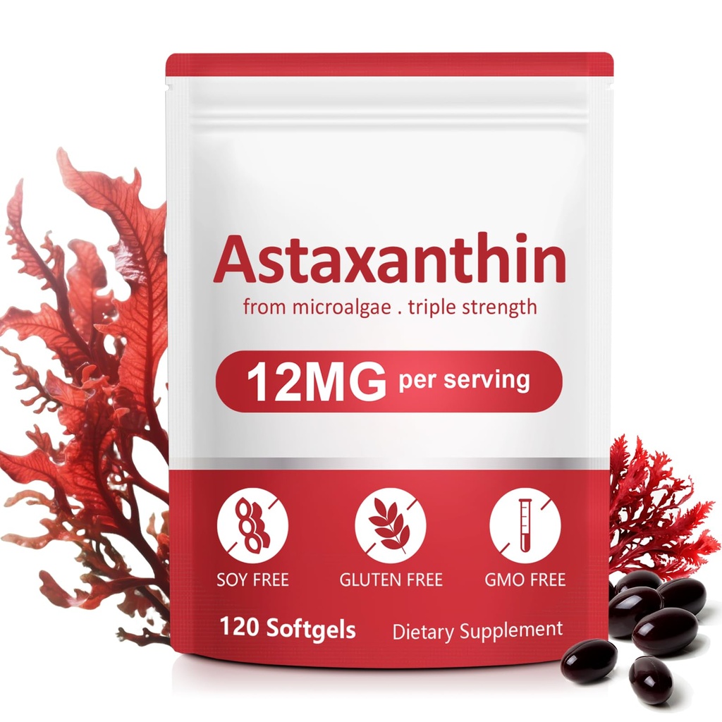 Astaxantín Doplnky, 12mg Astaxantín Natural Anti-Aging Formula - Podporuje oči, kĺb, vnútorné cirkulácie a zdravie kože, non-GMO non-Gluten
