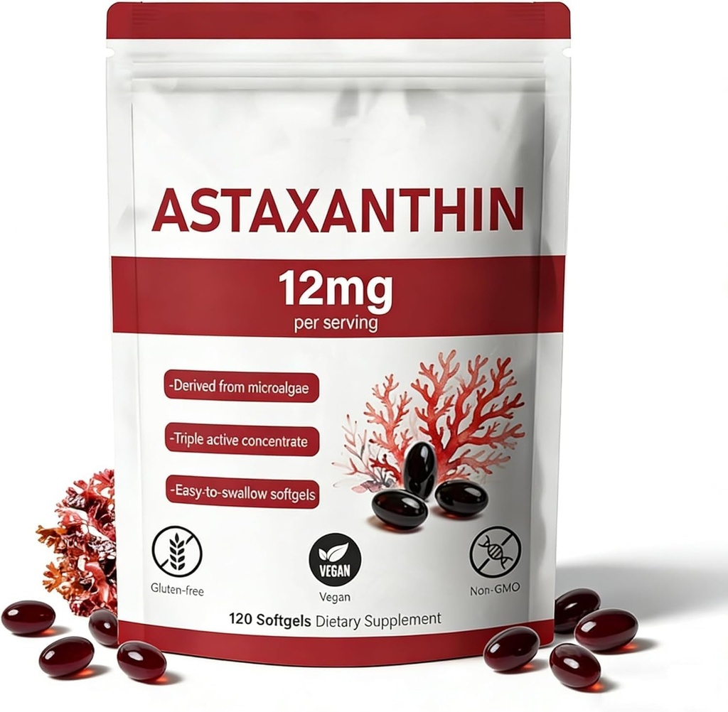 Astaxantín 12mg, 120 Softgels, Natural Microrias Source, Non-GMO Gluten-Free,4 mesiac dodávky