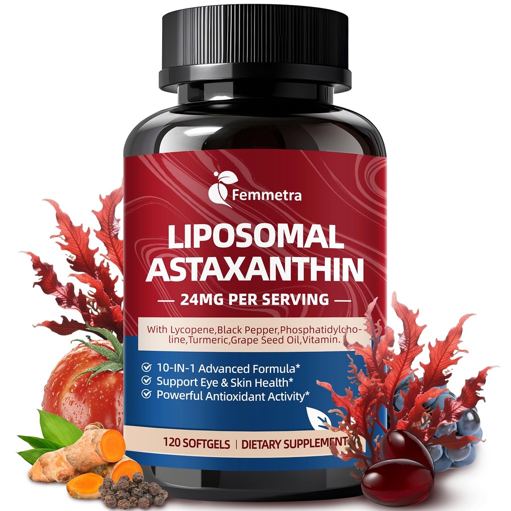 Lipozomálne astaxantínové doplnky 24 mg s lykopénom pre oko, kožu a imunitný zdravie, 10-v-1 Max. sila Astaxantin Antioxidant Supplement, Fresh Microrias Source, non-GMO, 120 Softgels