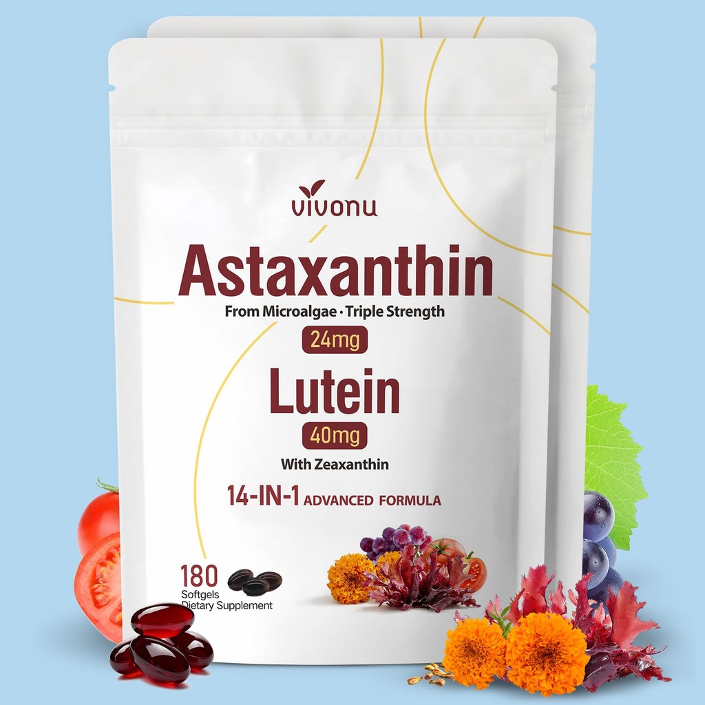 VivoNu 14-in-1 Astaxantín 24 mg & Lutein 40 mg s Zeaxantin Supplements, 12 Month Supply, 360 Softgels, 2 Bag