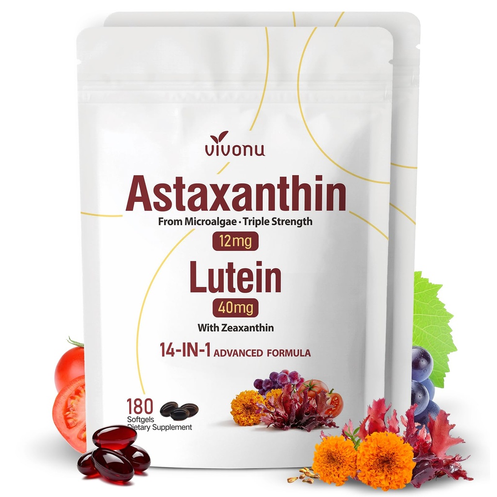 14-in-1 Astaxantín 12mg & lutein 40mg s Zeaxantin Supplements, 12 Month Supplement, Fresh Microriries Source, Supports Eye, Skin, Antioxidant, Joint, Circulatory Health, non-GMO, Gluten Free, 2 Bag