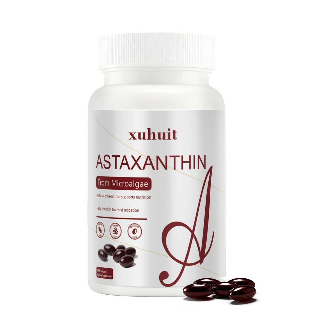 Astaxantín 12mg 60 Softgels, Natural Antioxidant Supplement from Microrias, Non-GMO, Soy Free, podporuje zdravie pokožky, ľahko prehĺtať Softgels, 2 mesiace dodávky (1)