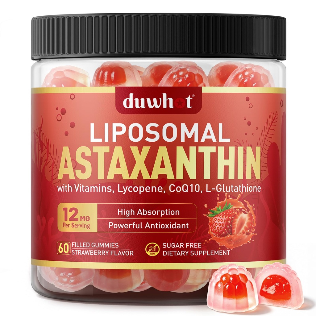 Lipozomálne astaxantínové gummie, organické astaxantín 12 mg doplnky s lykopénom, glutatiónom pre výkonné antioxidanty, Plus vitamíny a CoQ10 pre oko, kožu a imunitný zdravie, bez cukru, Vegan, 60