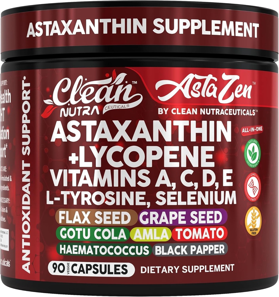 Čistá Nutra Astaxantín 12mg Lykopén Supplement with Vitamin A C D3 E, L-Tyrosín, Selén, Ľan, Hroznové semeno, Gotu Kola, Amla, Black Pepper, 90 Complex Veggie Capsules