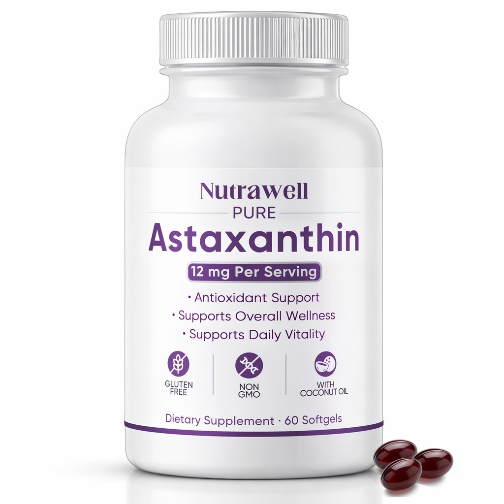 NutraWell Astaxantín 12mg, s kokosovým olejom, Antioxidant podpora doplnok, non-GMO, lepidlo bez, 60 Softgels