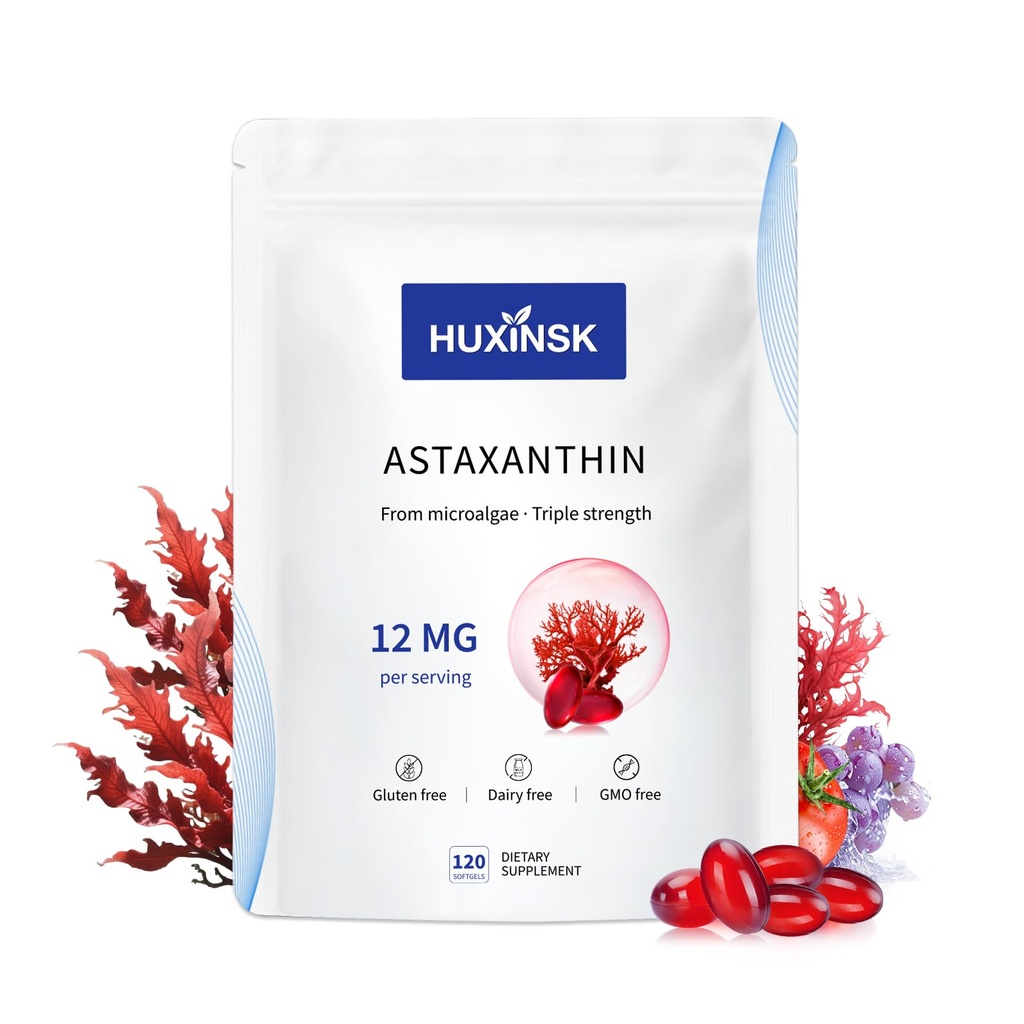 Astaxantín 12mg Doplnky, 120 Softgel, Maximálna sila Astaxantin Antioxidant Doplnky Form Fresh Microriries, 4 Month Supply, Supports Eye, Skin, Joint, Brain, Heart & Immune System Health, 1 Bag
