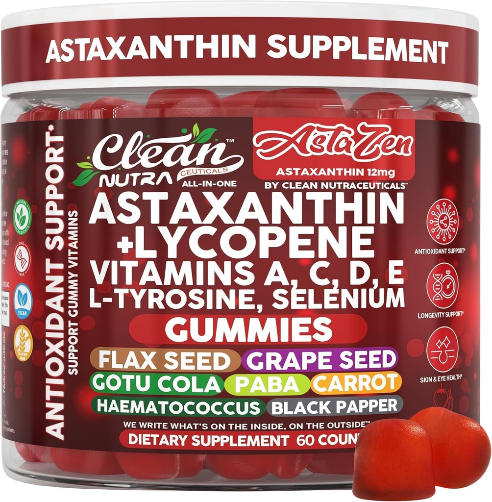 Clean Nutraceuticals AstaZen Astaxantin Gummies 12mg - with Lycopene, Vitamíny A C D E, L-Tyrosine & Selenium - Antioxidant Support Gummies - 60 Count