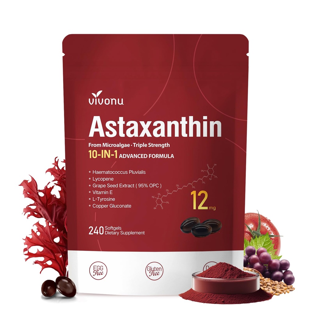 VivoNu Astaxantin 12mg Doplnky, 240 Softgels, Fresh Hematococcus Pluvialis 10 in 1 Astaxantin Antioxidant Supplements, Supports Eye, Skin, Joint, Brain, Heart & Immune System Health