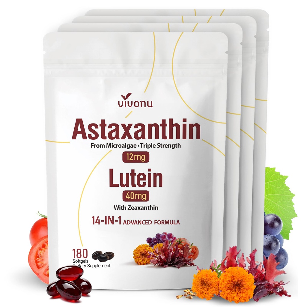 14-in-1 Astaxantín 12mg & luteín 40mg s Zeaxantin Supplements, 24 mesiac Supplement, Fresh Microriries Source, Supports Eye, Skin, Antioxidant, Joint, Circulatory Health, non-GMO, Gluten Free, 4 Bag