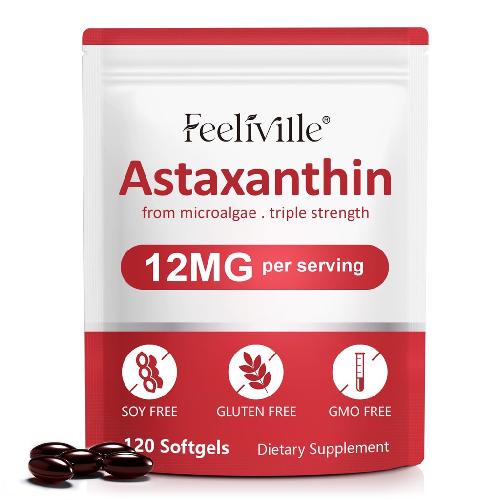 Astaxantín 12mg (120 Softgels) - Premium Astaxantin Antioxidant Doplnky - Podporuje oči, vnútorné cirkulácie, Immune & Skin Health - Fresh Microrias Source - Non-GMO & No Gluten