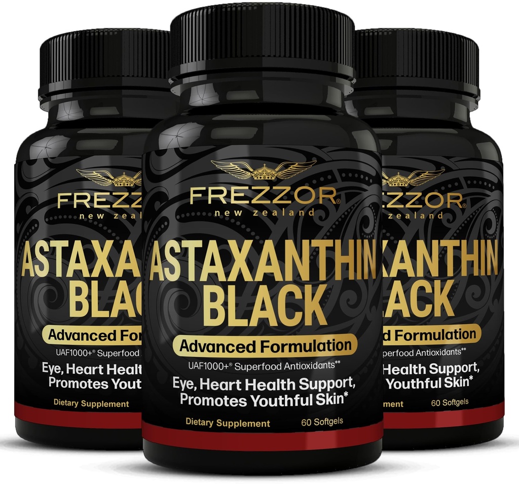 FREZZOR Astaxantín Black s UAF1000+ Super Antioxidant, Podporuje srdce, zdravie očí a mozgu, Anti-Aging Skin Care & Cellular Protection, 12 mg Astaxantin per Serve, 180 Softgels, 3 mesiace dodávky