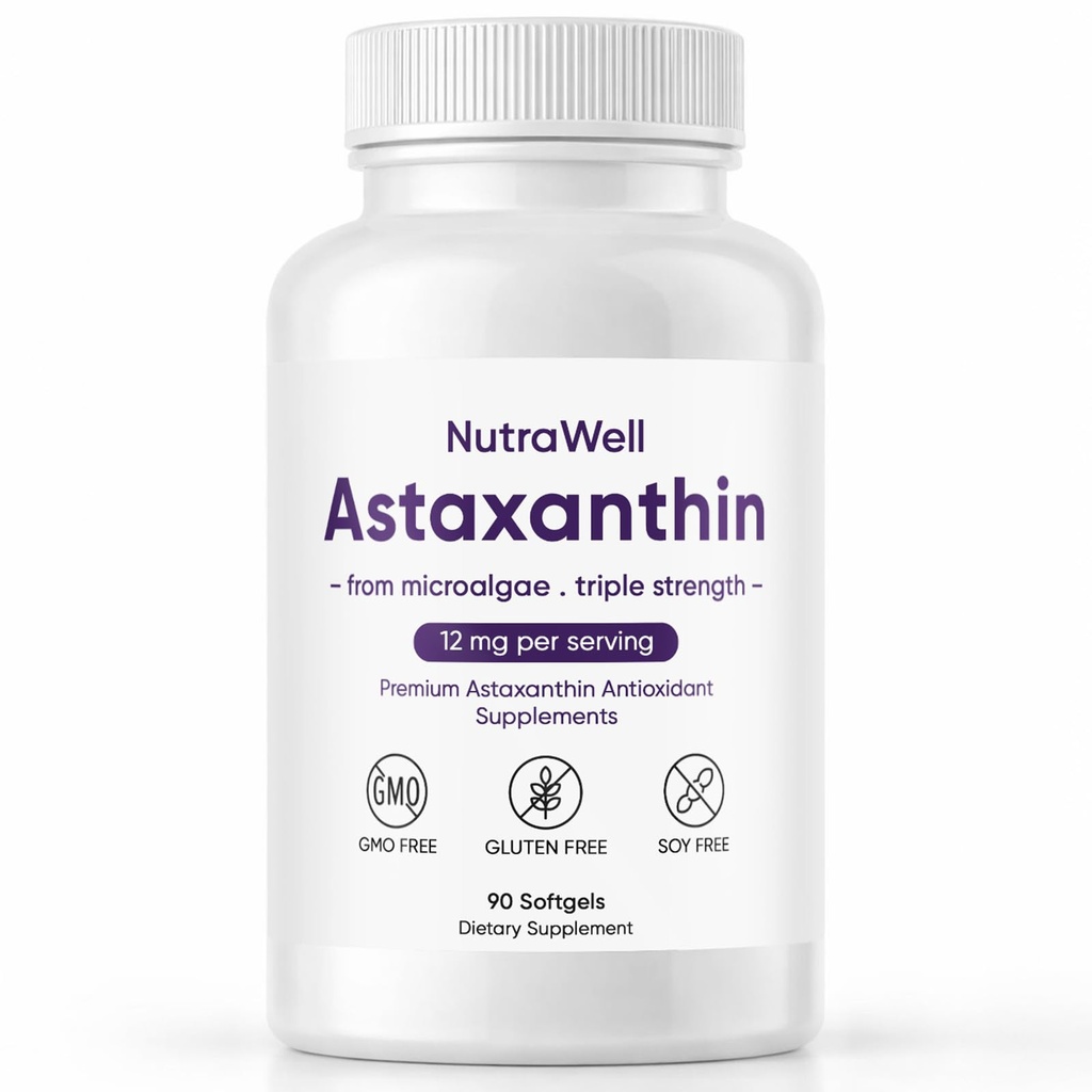 Nutrawell Astaxantin - Denné Antioxidant Wellness Supplement s prírodne sourced Astaxantin Clean Formula pre aktívny dospelý životný štýl Ľahko užívať kapsuly - 90 Softgels (1)