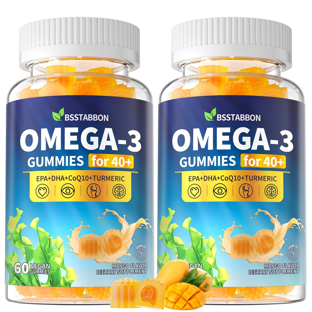Omega-3 Gummies Supplement for Adults 40+: 1280mg Vegan Omega3 Mastné kyseliny DHA EPA s vitamínom D3 K2 zinok Turmerica pre celkovú podporu zdravia - Rybí olej alternatíva pre ženy mužov (120Count)