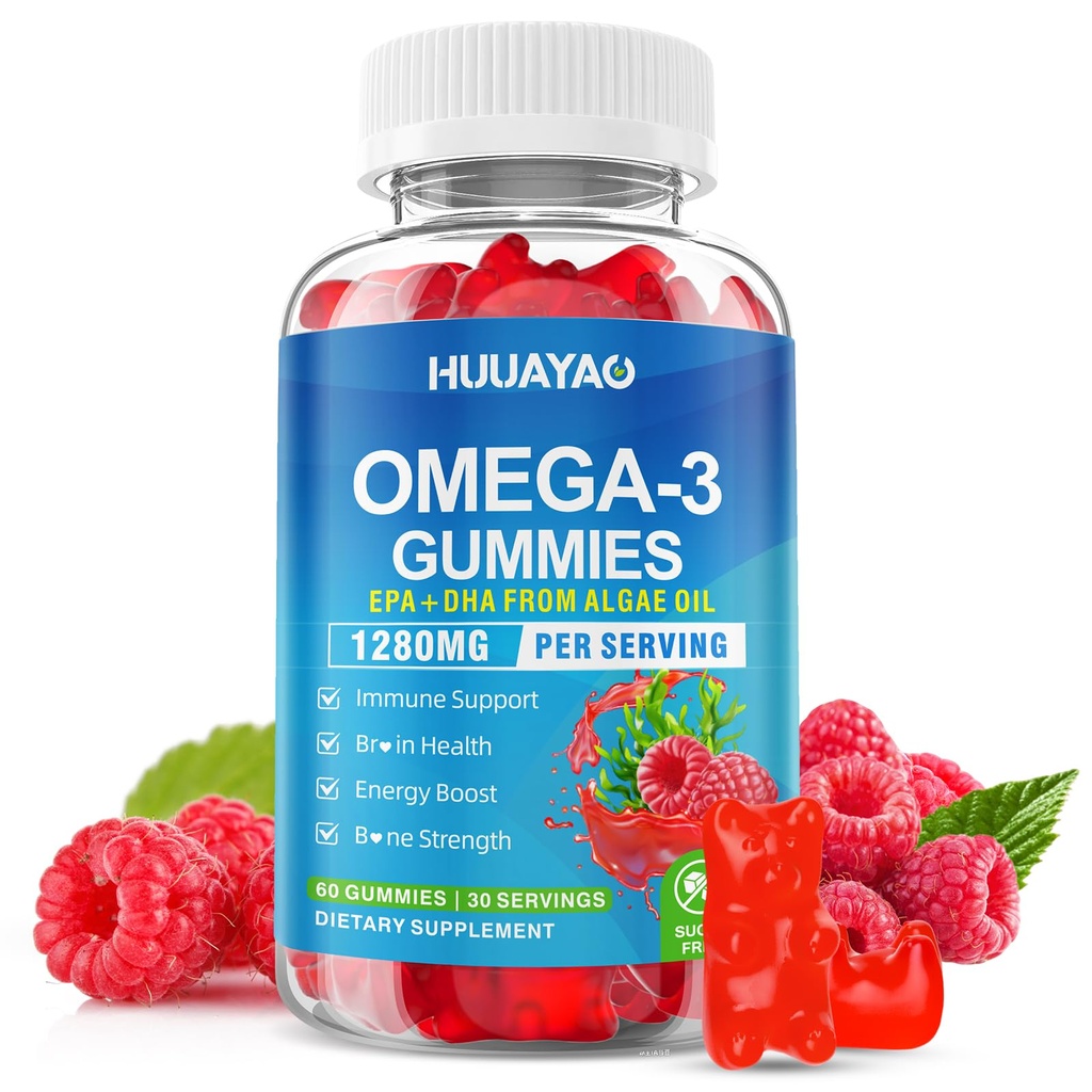 Vegan Omega-3 Gummies 1028mg, Omega 3 Fish Oil Alternatíva pre dospelých w/EPA 400mg & DHA 600mg & Vitamín A, C, E podporuje mozog, zdravie očí a imunity, bez cukru, malinová chuť, 60 Počet