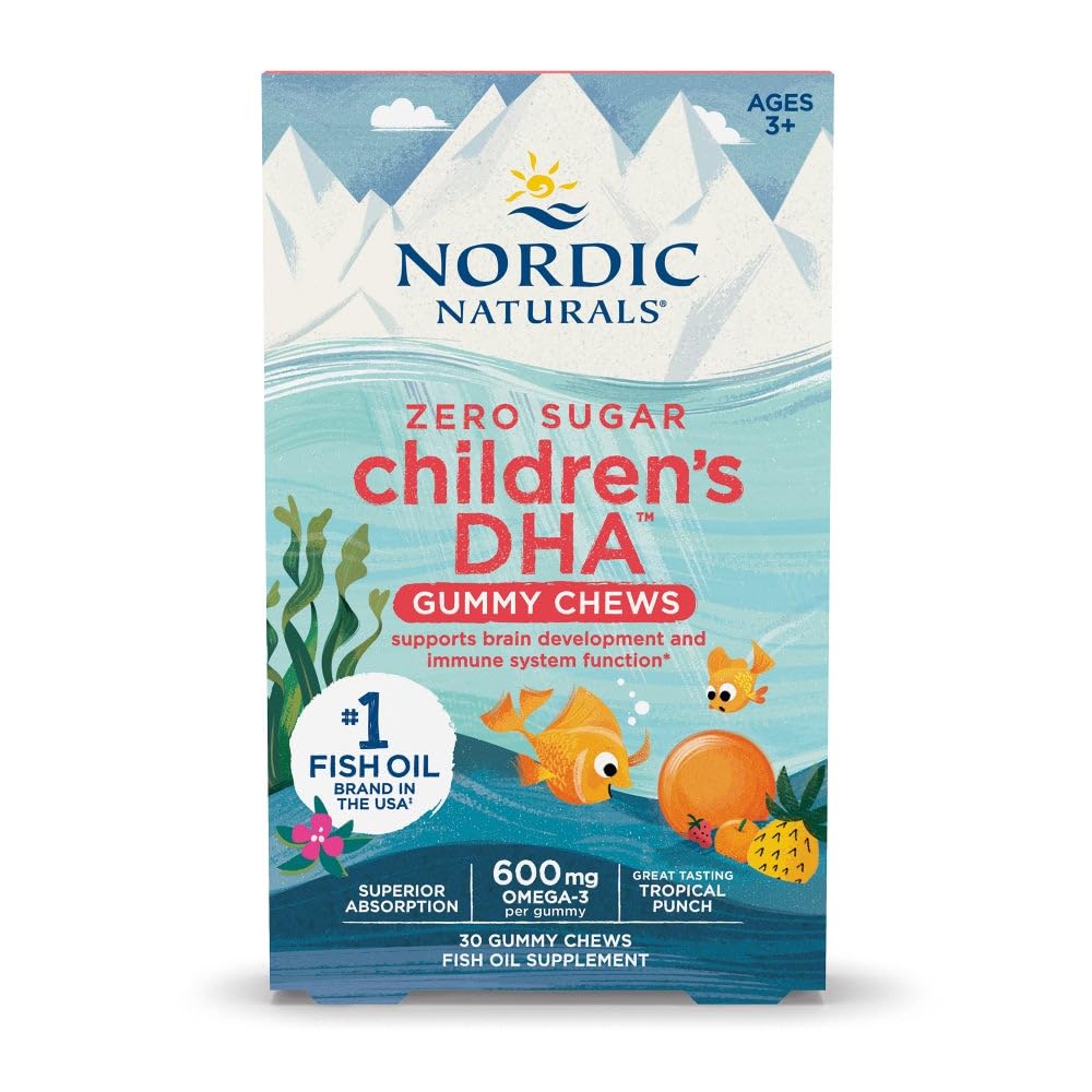Nordic Naturals Zero Sugar Children a DHA Gummy Chews, Tropical Punch - 30 Gummy Chews for Kids - 600 mg Total Omega-3s - Vývoj mozgu, učenie, zdravá imunita - Non-GMO - 30 porcií