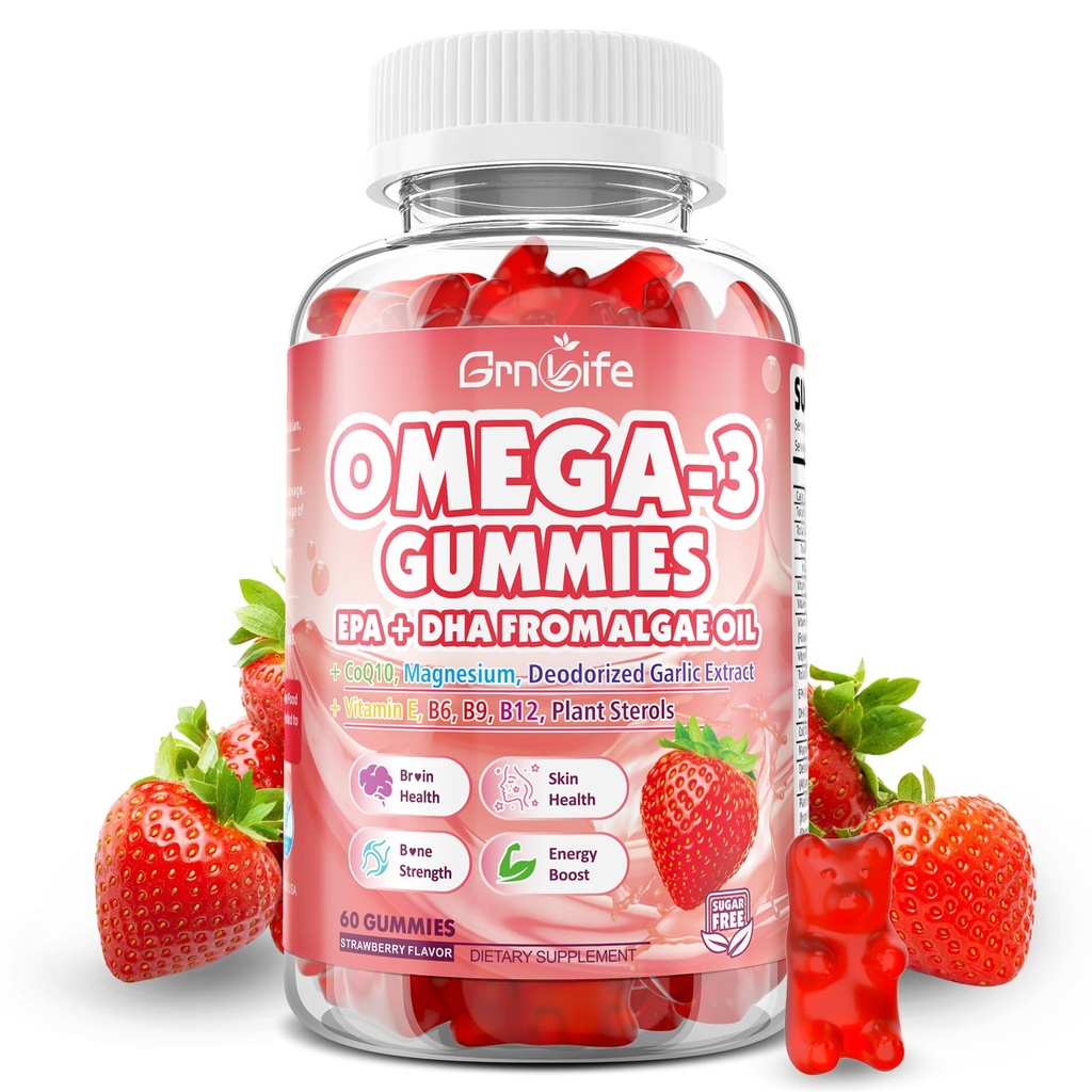 Vegan Omega 3 Gummies 1000mg + CoQ10 + Horčík - w/Algae EPA 600mg & DHA 400mg, Rybí olej Omega-3 Doplnky Alternatíva pre dospelých, pre mozog, oči, imunitné zdravie, Jahodová aróma, 60 Počet