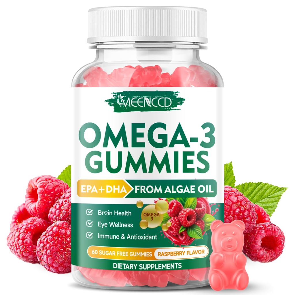 Vegan Omega-3 Gummies 1000mg, Omega 3 Fish Oil Alternative for Adults, Algae-Based DHA 600mg & EPA 300mg + Vitamíny A, C, E, Zinok, podporuje celkovú wellness, žiadne ryby chuť, 60 Počet