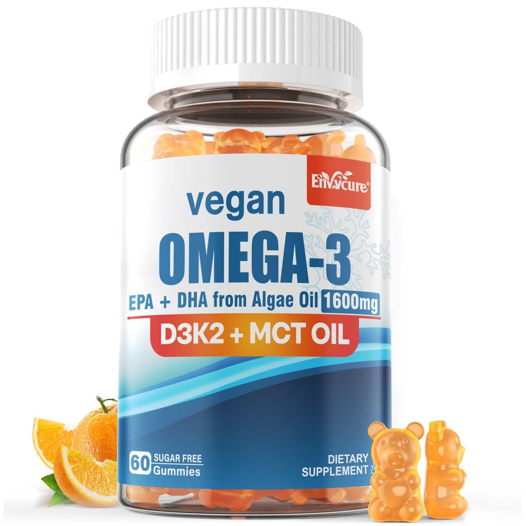 Vegan Omega 3 Gummies 1280mg + vitamín D3 K2 (MK7), Omega 3 Fish Oil Alternatíva pre dospelých, w/Algae EPA 600mg & DHA 400mg, MCT Oil - No Fish Taste - for Brain, Eye, Immune Health, Sugar Free, 1 balenie