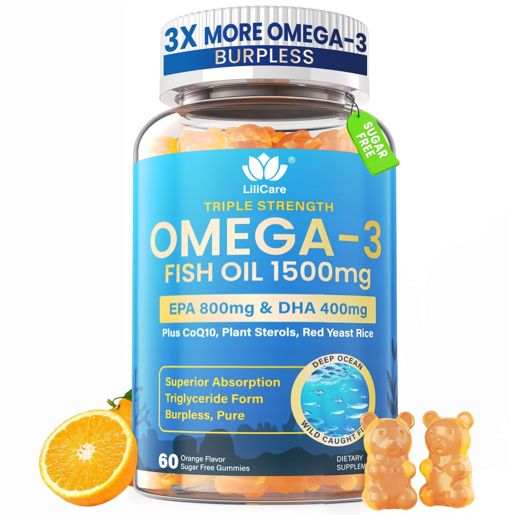 Rybí olej Omega 3 Gummies 1500mg pre dospelých - Triple Strength with EPA & DHA, COQ10, Red kvasinkové ryže - Wild Caught Omega 3 Mastné kyseliny Doplnky pre H