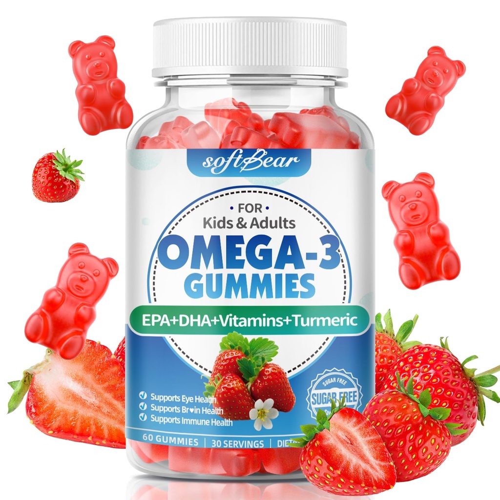 softbear Omega 3 Gummy pre ženy a mužov Omega 3 Doplnky 1200mg Vegan Omega 3 mastné kyseliny DHA EPA s vitamínmi Podpora zdravia očí a mozgu, bez cukru, Jahodová chuť 60 Počet