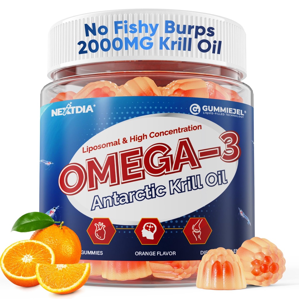 Lipozomálny antarktický kril olej Omega 3 Gummies 2000mg - Cellular Level Absorpcia Omega-3 s EPA, DHA a astaxantín - Antioxidant a podpora mozgu - Rybí olej doplnky Alternatíva - 60 Počet