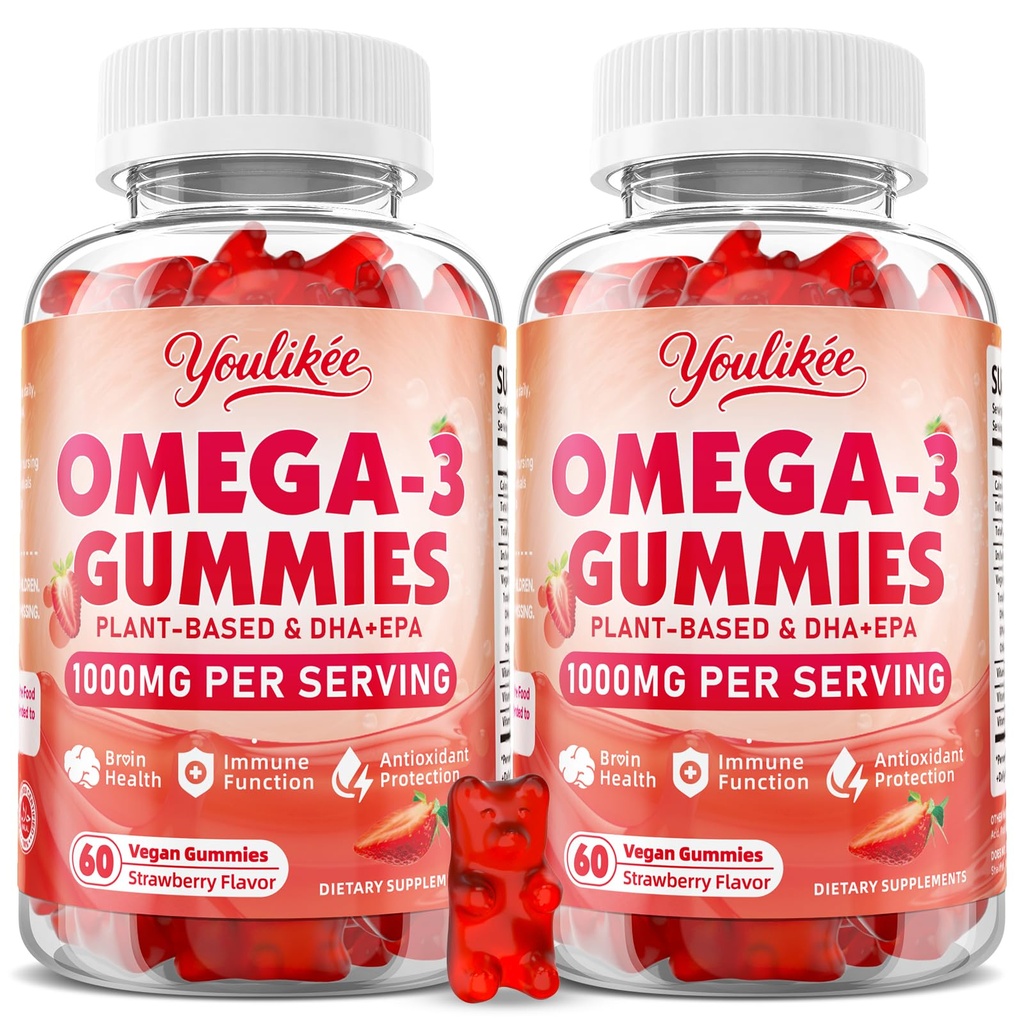 2 Pack Vegan Omega-3 Gummies 1000mg, Omega 3 Fish Oil Alternative for Adults, Plant Based DHA 460mg & EPA 230mg w/vitamín A, C, E, Jahodová aróma, 120 Počet