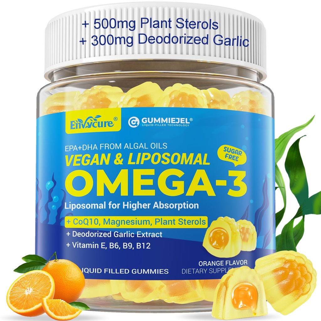Vegan Omega-3 Gummies 1000mg +CoQ10+Magnesium- EPA 600mg & DHA 400mg, Rybí olej Omega 3 Doplnky Alternatíva pre ženy Muži Dospelí- Lipozomálna forma -Algae- Plant Sterols, Cesnak, B6, B9, B12, bez cukru
