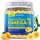 Vegan Omega-3 Gummies 1000mg +CoQ10+Magnesium- EPA 600mg & DHA 400mg, Rybí olej Omega 3 Doplnky Alternatíva pre ženy Muži Dospelí- Lipozomálna forma -Algae- Plant Sterols, Cesnak, B6, B9, B12, bez cukru