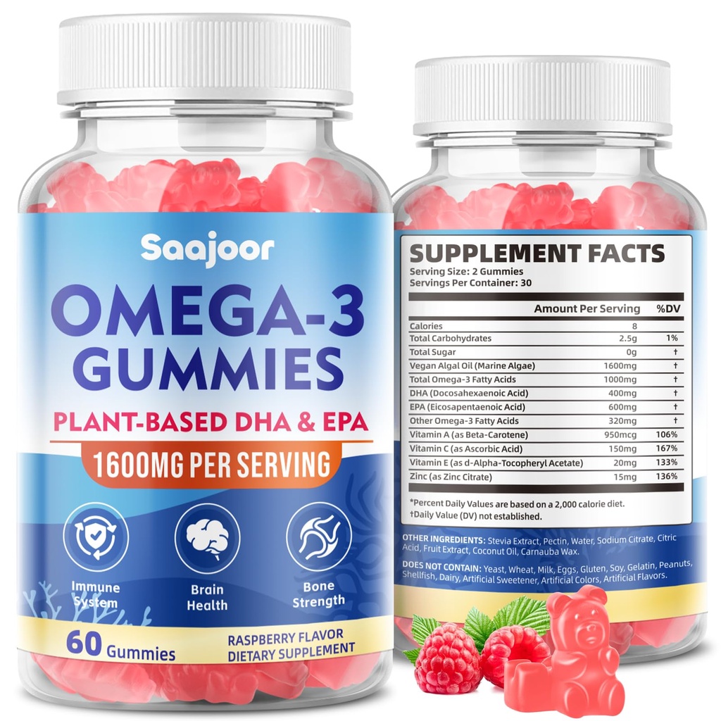 Vegan Omega-3 Gummies1000mg pre dospelých - Sugar Free Supplement with 400mg DHA & 600mg EPA, Vitamíny A, C, E a Zinok - 60 Počet