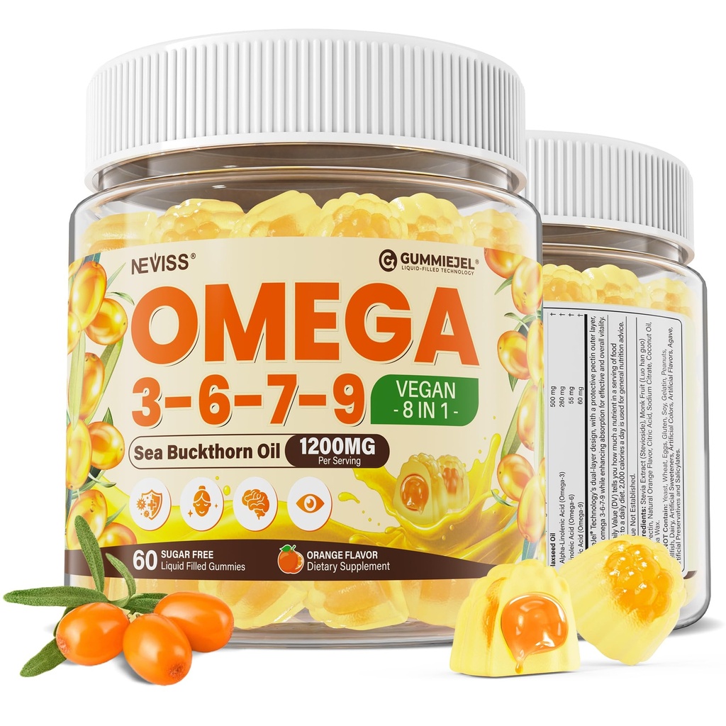 Omega 3-6-7-9 Gummies, Organic Sea Buckthorn Oil 1200MG & Ľanový olej 500MG, Vegan Omega 7 Supplement w/vitamin A, C, E, Mastné kyseliny, No Fish Chute, Podpora kože, Oko, Immune, Brain Health, 60 Cts