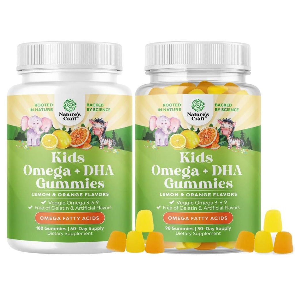 Omega DHA Gummy pre deti - mastné kyseliny Omega 3 6 9 s vitamínom C pre mozog, imunita a vízia - Výživové DHA pre zdravý nervový systém a podporu zamerania - Vegetariánska a bez lepidla