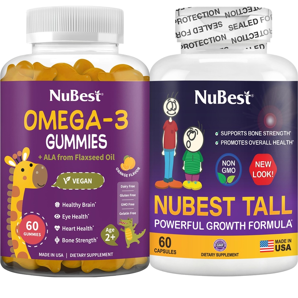 NuBest Bundle Bone Growth - rast mozgu: Omega 3 Gummies Vysoký nový vzhľad pre deti a dospievajúci s vápnikom, kolagén, byliny, Omega 3 Ľanový olej