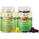 Špina detí DHA Omega 3 Gummy - ryby bez vegetariánskej 6 9 pre vízia Mozog a imunita a Sambucus bazové Gummy pre deti - čierna baza so zinkom a vitamínom C pre imunitnú podporu