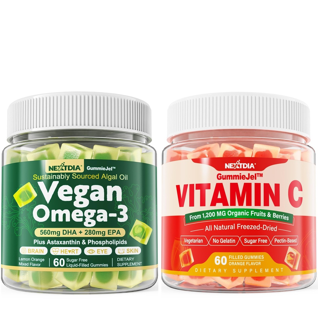 Nextdia Vegan Omega 3 Gummies + celý vitamín C Gumies pre dospelých a deti