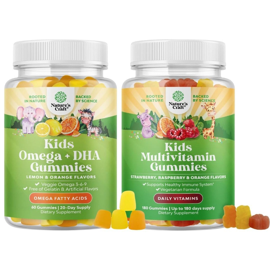 Bundle of Kids DHA Omega 3 Gummies - Mastné kyseliny Omega 3 6 9 pre mozog, imunita sila & Vision a rastlina založené deti Multivitamínové Gummy s vitamínmi A C D3 E B a zinok pre imunita podpora