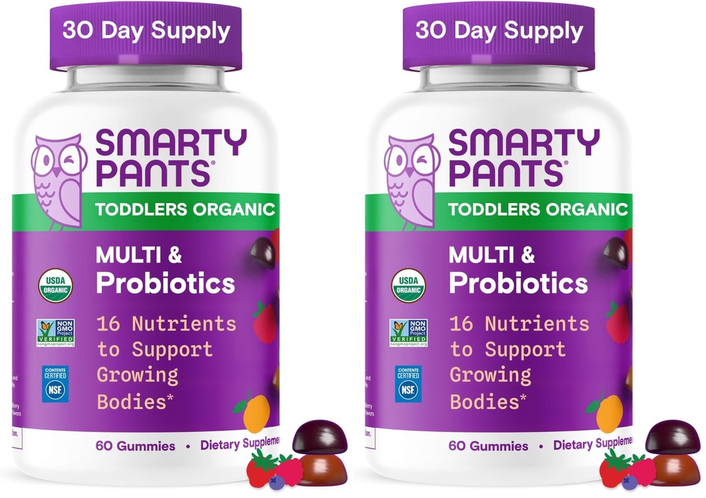 SmartyPants Organické Batoľa Multivitamínové Gummies: Probiotiká,Omega 3 (ALA), Vitamin D3,C, Vitamin B12,B6,A,K&Zinc,Beta karotén,Gluten Free,Tri ovocné príchute, (30 dní),60 Počet (Stock of 2)
