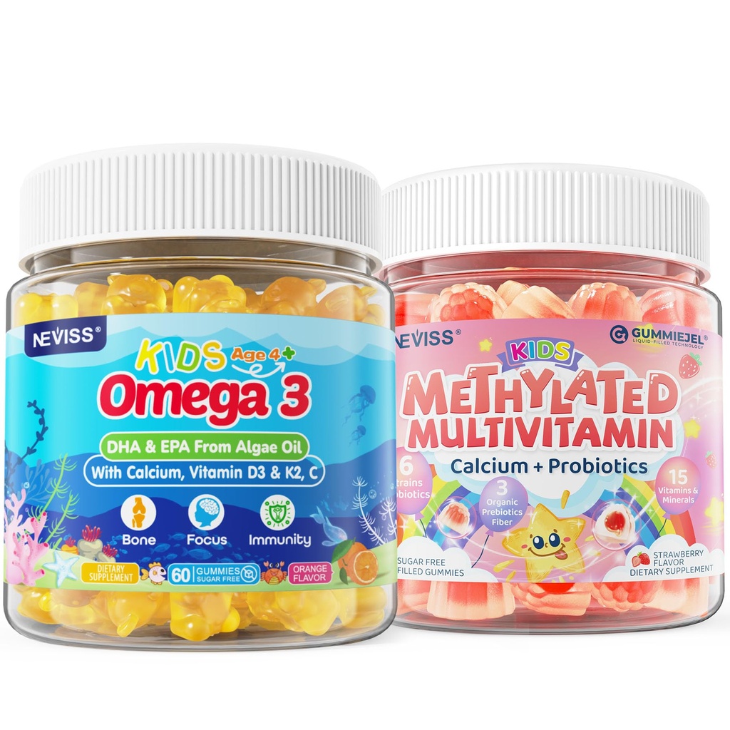 Deti Metylované multivitamínové guličky s vápnikom, probiotikami + Omega 3 Gummy s vitamínom D3 & K2, C, DHA