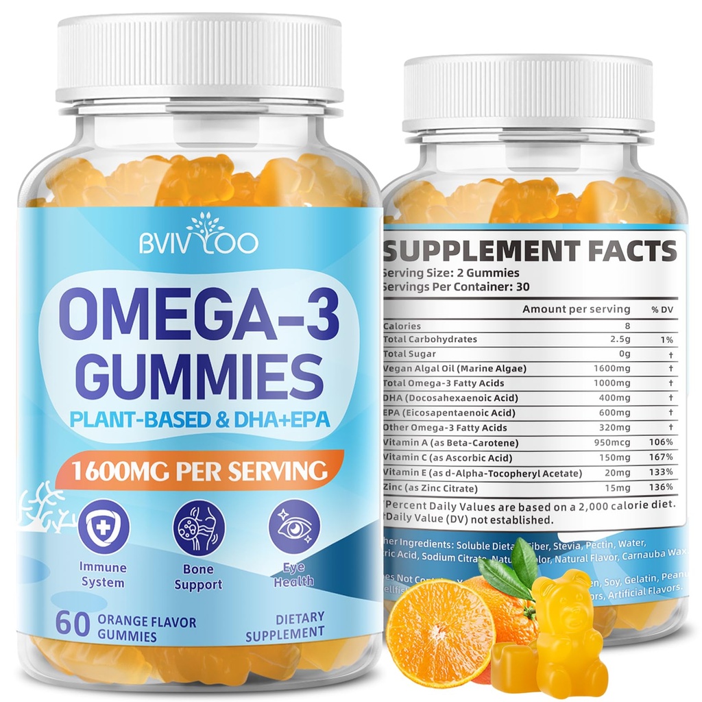 Vegan Omega-3 Gummies - 1600mg s 600mg EPA & 400mg DHA. Vzorec vysokej absorpcie. Lahodná oranžová chuť - 60 Gummies