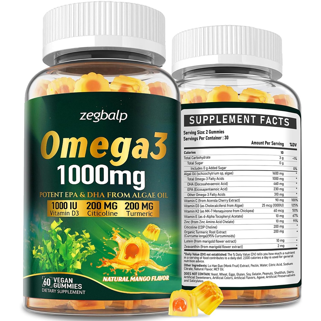 Omega-3 doplnok Gummy pre ženy a mužov - 1000mg Vegan Omega3 DHA & EPA s kurkumou, vitamín D3, K2, citikolín pre celkové zdravie - Algae olej Omega 3 mastné kyseliny doplnky, bez cukru