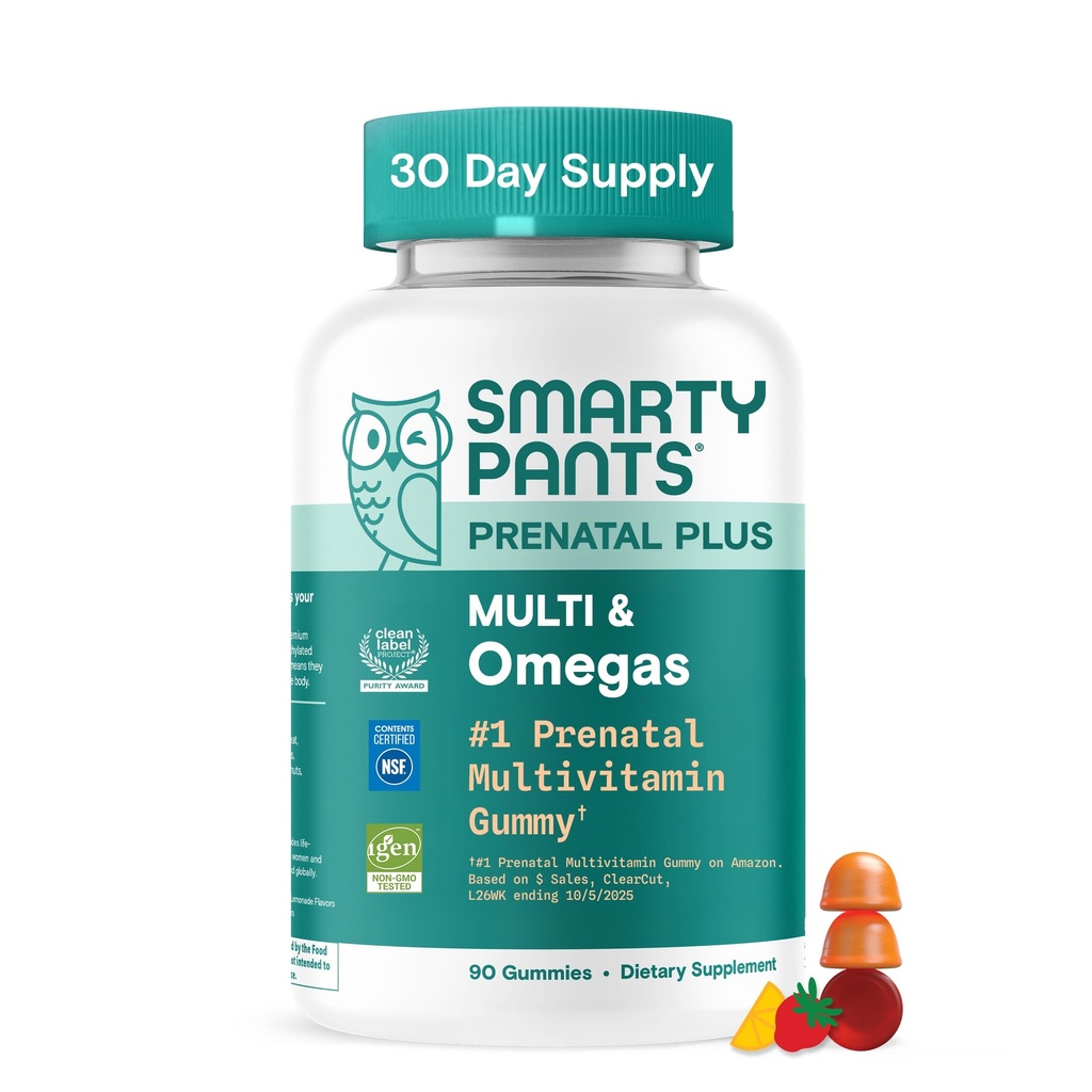 SmartyPants prenatálne multivitamínové Gumies s Omega 3 DHA/EPA, metylfolát, biotín, vitamíny D3, C, B12, B6, A, K a zinok, bez lepku, čisté označenie, dve ovocné príchute, 90 Gumímies (30 dní dodávky)