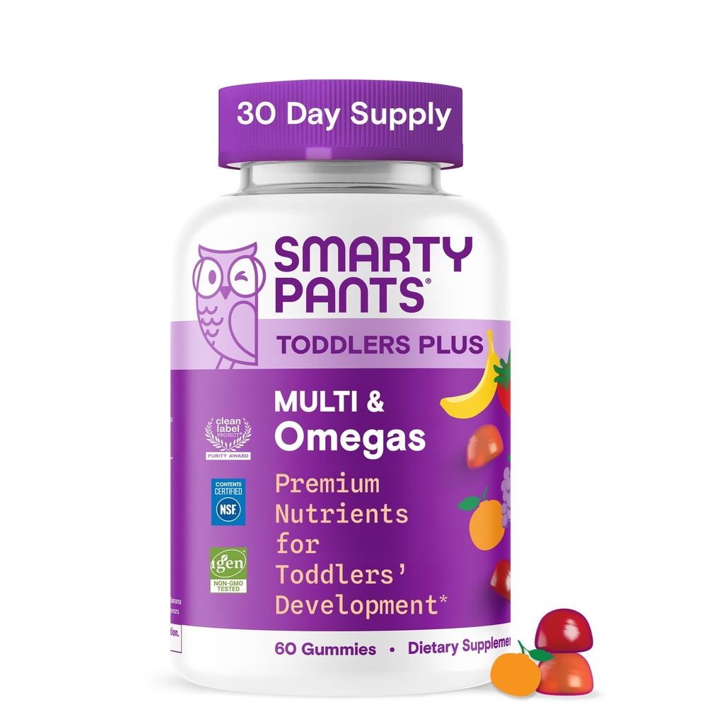 SmartyPants Batoľa Multivitamínové Gummy, Omega 3 (DHA/EPA), Vitamíny D3, C, Vitamín B12, B6, A, K & Zinok, Biotín, Glutén bez, Tri ovocné príchute, 60 Počet (30 dní)